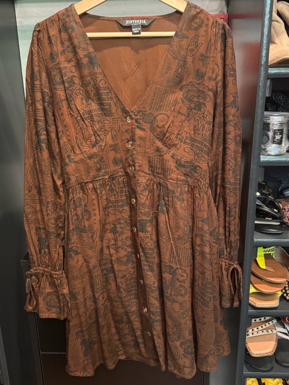 Distressed Print Brown V-Neck Button Front Dress - Disturbia 🖤🦇